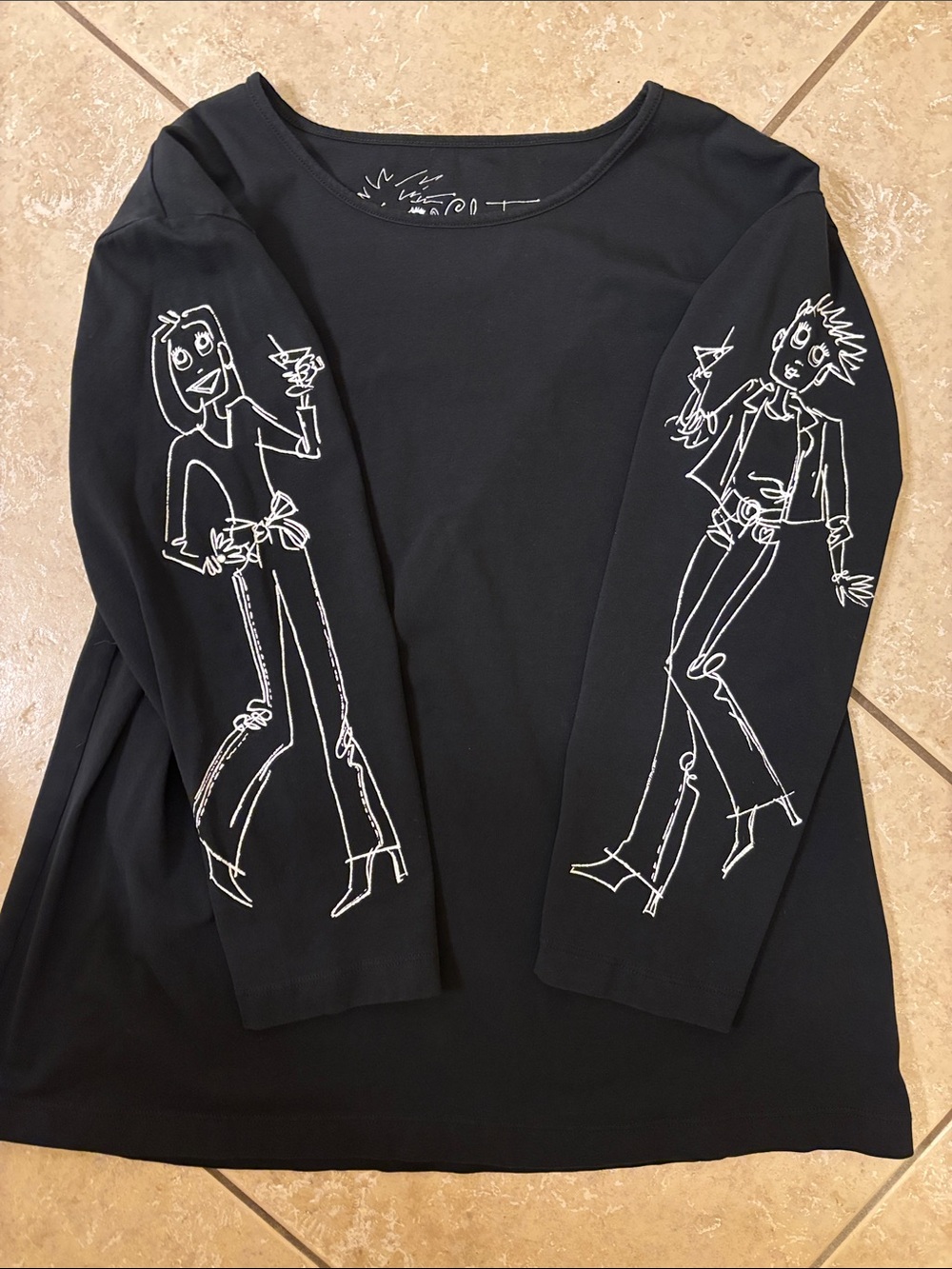 Chat-Tees by Chicos Black Top with White Line Figures